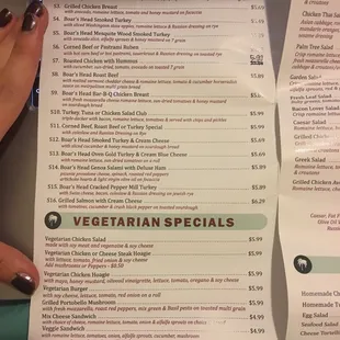 a menu for vegetarian specials