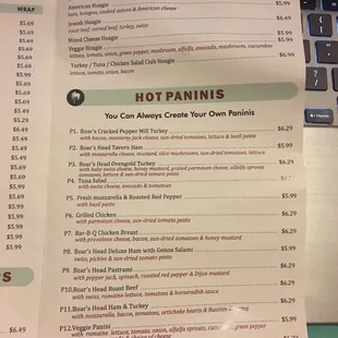 a menu for hot paninis
