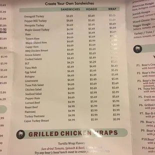 a menu for a sandwich