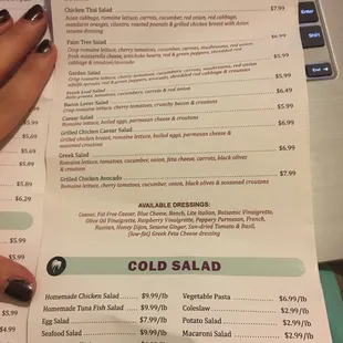 a menu for a salad