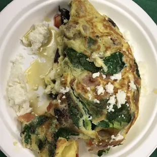 Greek omelet with feta. Plus added turkey sausage $6 scrumdillyumptious.