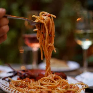 a plate of spaghetti being lifted by a fork