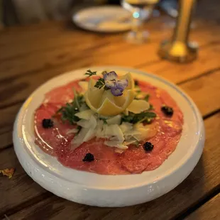 Beef carpaccio, arugula, truffle, caviar - light and delicious!