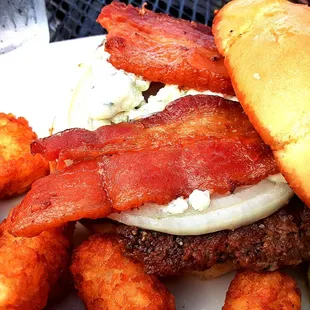 Black and Bleu burger with tater tots