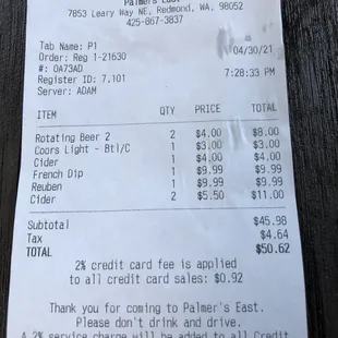 the receipt for the restaurant