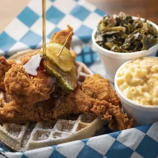 Chicken and Waffles with homemade mac and cheese and collards