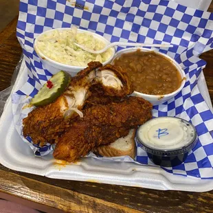 Nashville HOT tenders, Cole slaw &amp; maple baked beans.