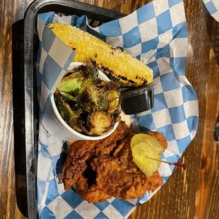 3 JUMBO TENDERS Brussels sprouts PORCH CORN
