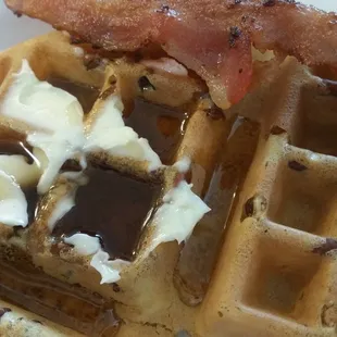 Pecan waffle with a side of bacon