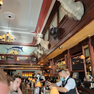 a bar with deer heads on the wall