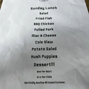 Sunday lunch menu