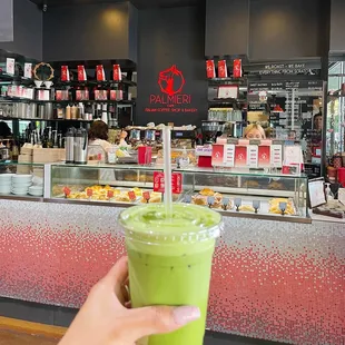 Iced matcha latte with caramel