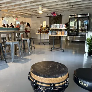 the inside of a restaurant with tables and stools