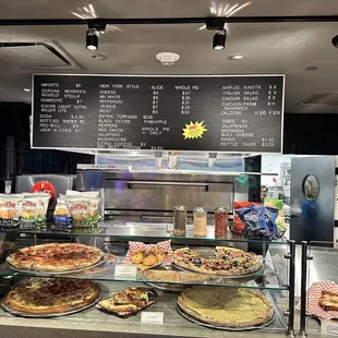 a variety of pizzas on display