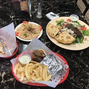 Hummus, Greek salad, and Gyro