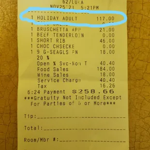 the receipt for the restaurant