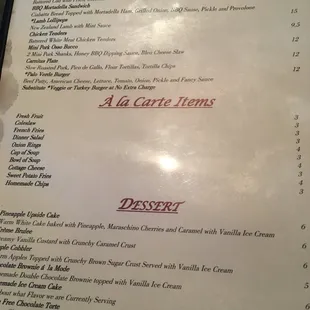 the menu of the restaurant