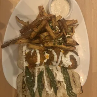Meatball sub with fries.