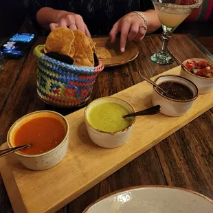 From left to right. Habanero, jalapeno, ancho chili, and a Pico de Gallo. None were overly spicy in my opinion.