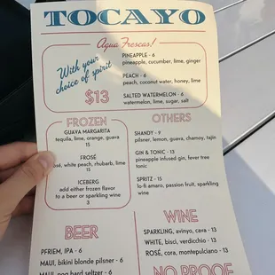 Menu for Tocayo (upstairs rooftop pop up)