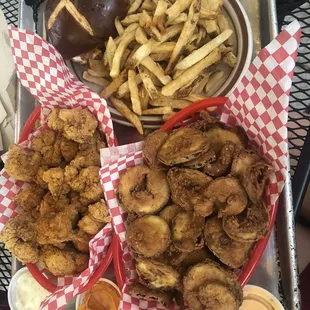 Hot chicken vegan sandwich, fries, fried cauliflower, Fried Pickles