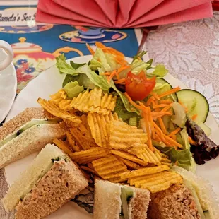 Sanwhiches, crisps, salad