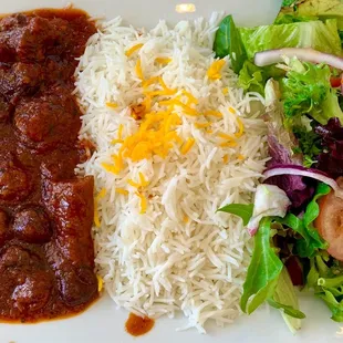 Sour cherry lamb (so good we wanted to lick the plate !), basmati rice &amp; perfectly dressed green salad