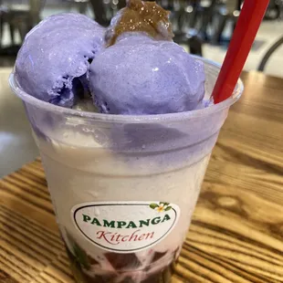 Best halo halo on Oahu. Yup, that&apos;s yema with the two scoops of ube ice cream!