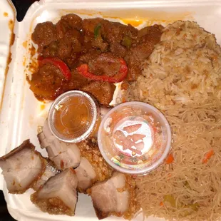 a meal in a styrofoam container
