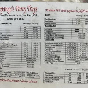 Party tray menu
