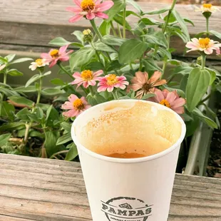 a cup of coffee on a wooden table