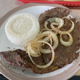 Steak, with rice and beans