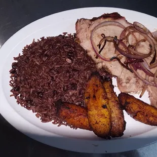 Roasted Pork and two sides, Congris and maduros