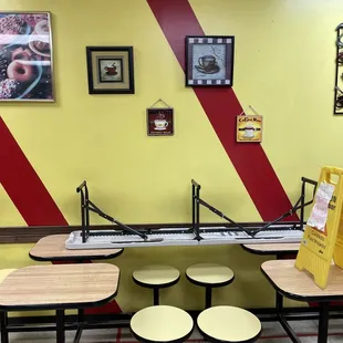 tables and stools in a restaurant