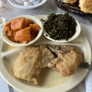 Fried Pork Chops, Collards, Candied Yams