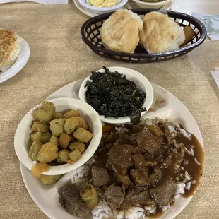 Beef tips, fried Ocra, &amp; collards