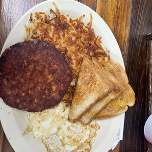 Corn beef hash 2 eggs hash browns with white toast