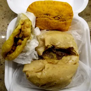 Beef curry roti, spicy beef patty, double with peppers &amp; tamarind.