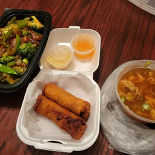Broccoli beef, hot and sour soup and egg rolls- all quite tasty