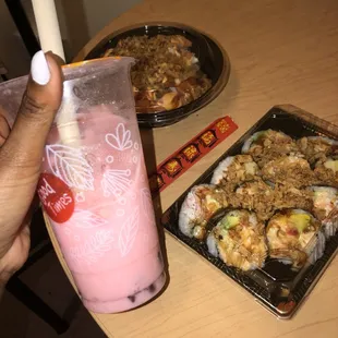 a plate of food and a drink