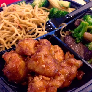 Orange Chicken and Broccoli Beef w half/half Chow Mein &amp; Mixed Veggies (2 entree meal for $9.95). 20150812