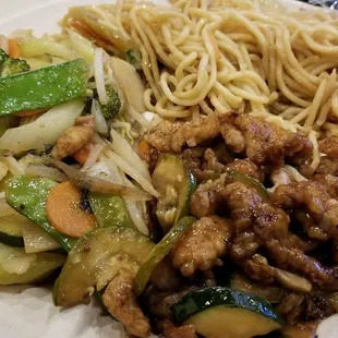 Chow mein, vegetable stir fry and chicken mushroom stir fry.