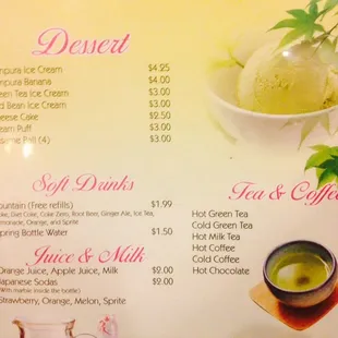 Desert, Drinks, Tea and Coffee Menu