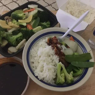 From the diet menu, vegi&apos;s and white rice. Yum