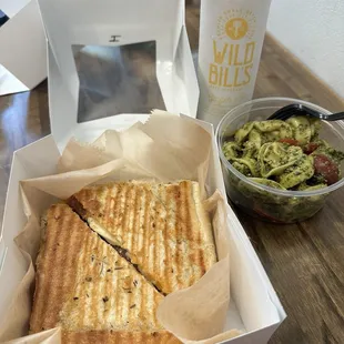 Amazing sandwich with pesto pasta salad