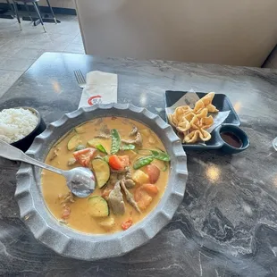 Pineapple Beef Curry and Won-Tons. Amazing