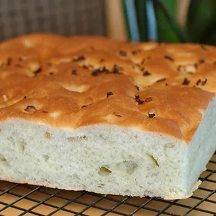 Onion focaccia - very good.  It's 8" x 8", for $3.