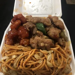 Chow mein, orange chicken and spicy chicken