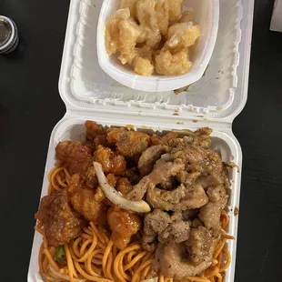 Orange chicken, chow mien, black pepper chicken and coconut shrimp  Combo C