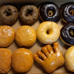 A dozen assorted dounuts.